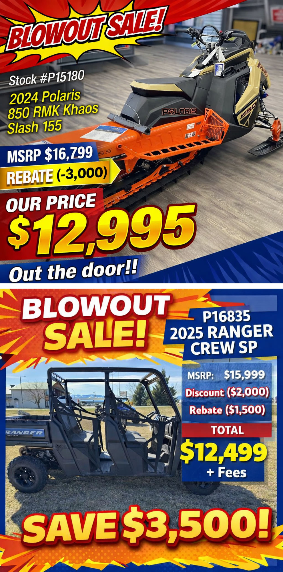 Blowout Sale - 2024 Polaris RMK and 2025 Ranger Crew SP